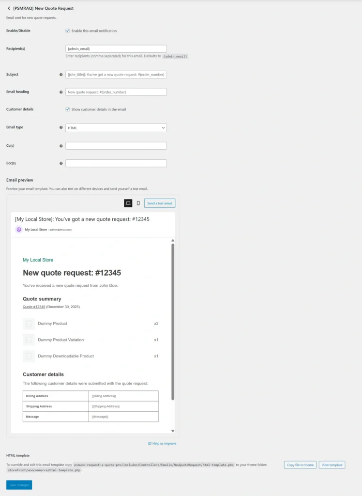 Customize email notifications - PSM Request a Quote