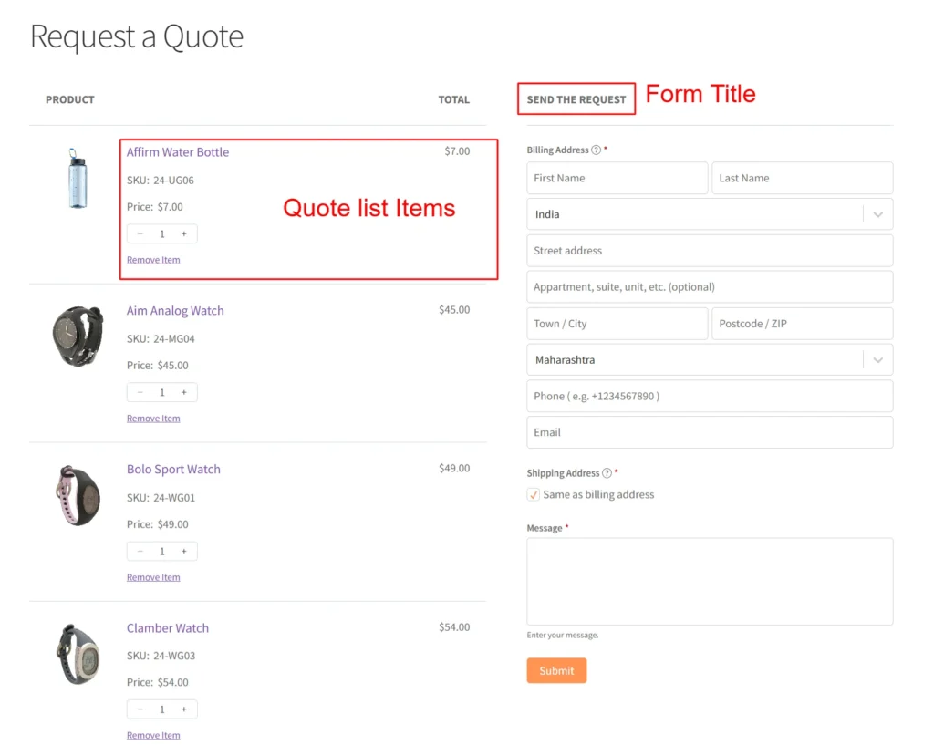 Form Title and Quote list items - PSM Request a Quote