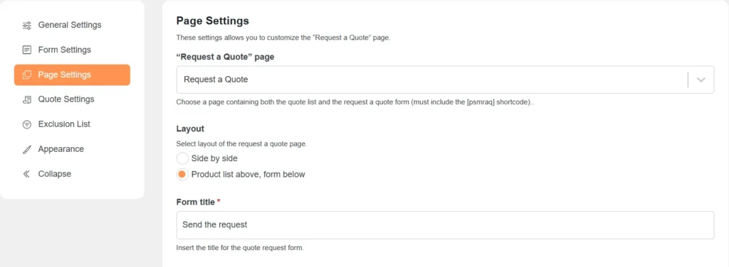 Page Settings PSM Request a Quote