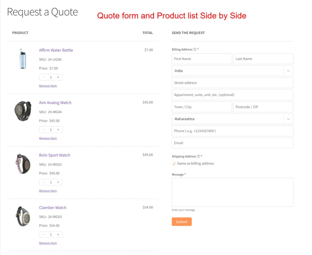Quote form and product list side by side - PSM Request a Quote