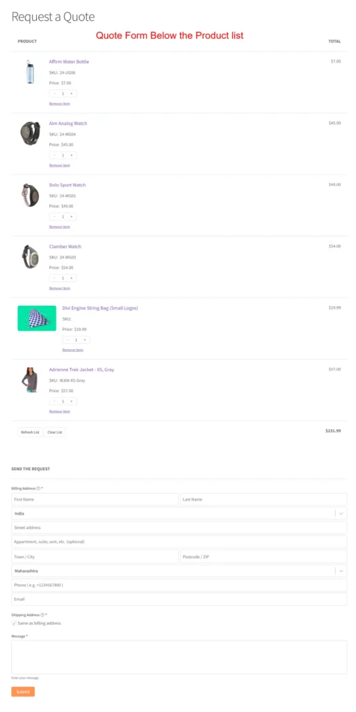 Quote form below the Product list - PSM Request a Quote