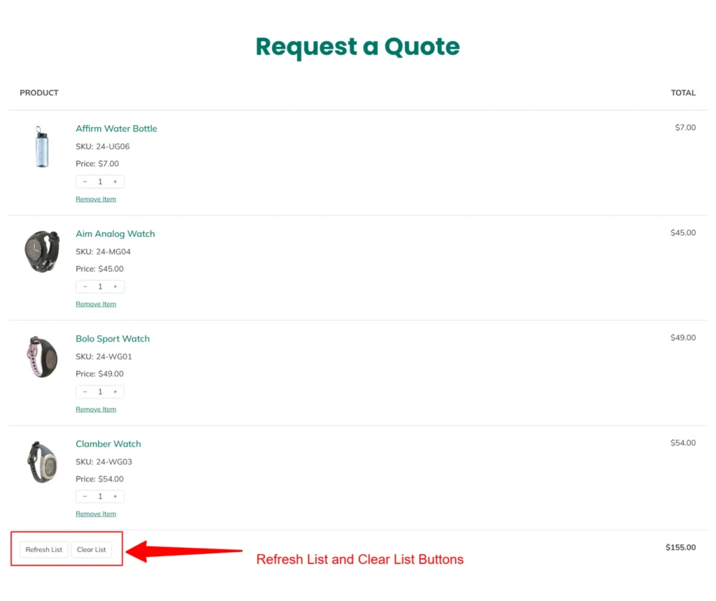 Request a Quote Page setting options - PSM Request a Quote